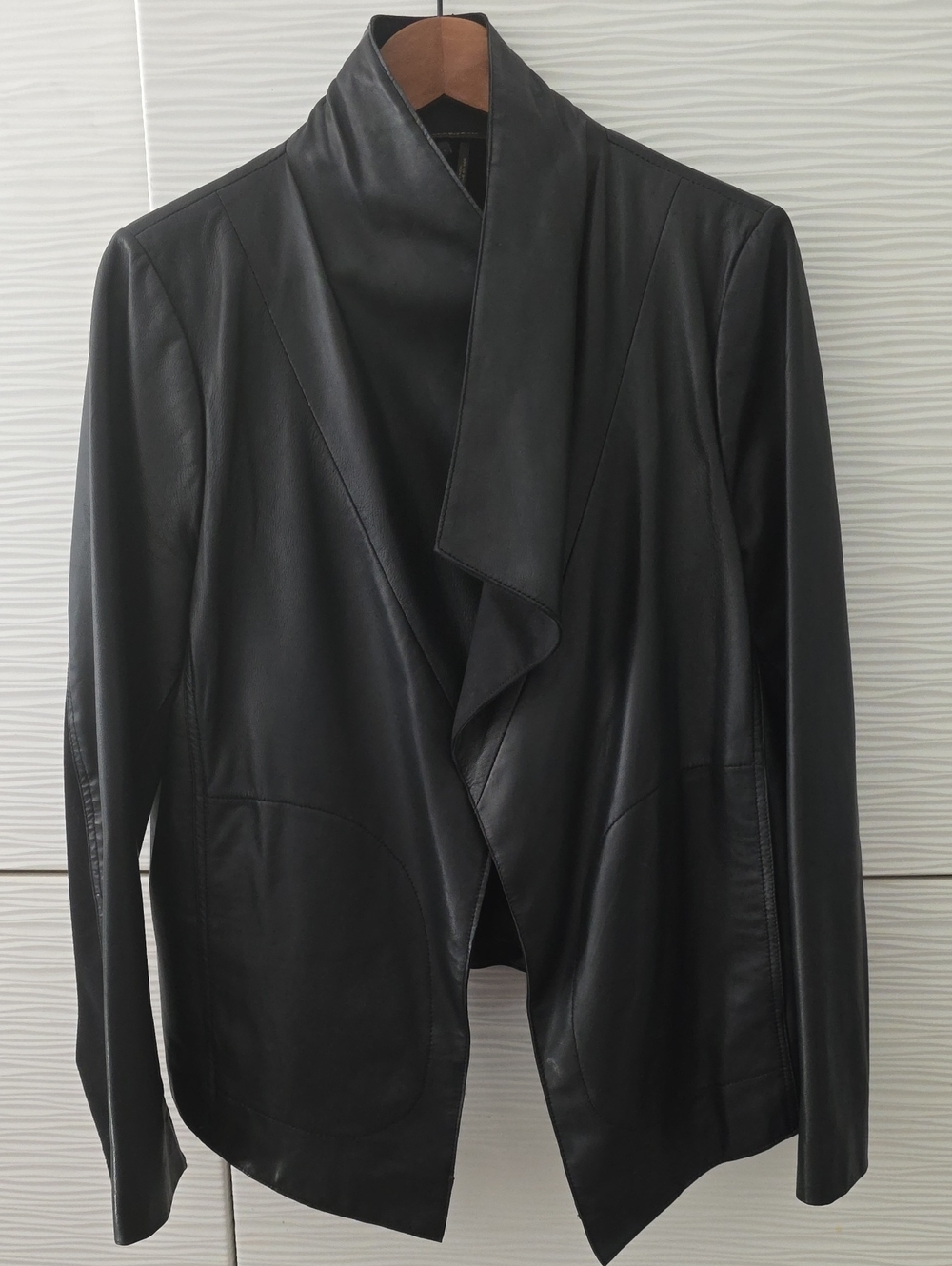 Donna Karan Black Draped Open-Front Leather Jacket